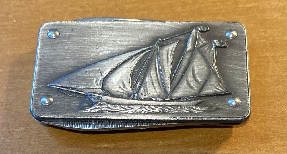 Silver Sailboat Money Clip 2 Blade Pen Pocketknife Nautical Stainless Steel